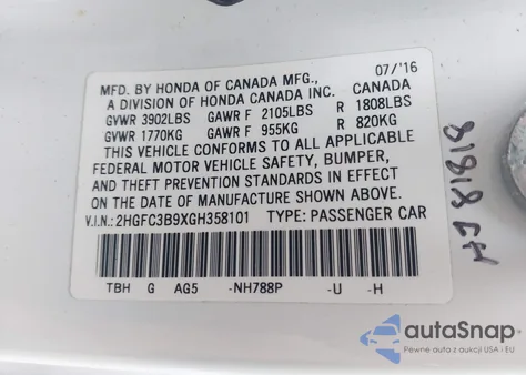 2016 Honda Civic Touring from USA, damaged, VIN 2HGFC3B9XGH358101